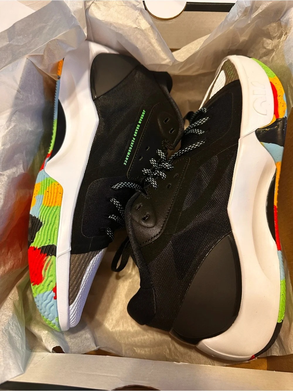 Jordan Men's Black Sneakers with White Toe and Rainbow Midsole Accent Box No Lid